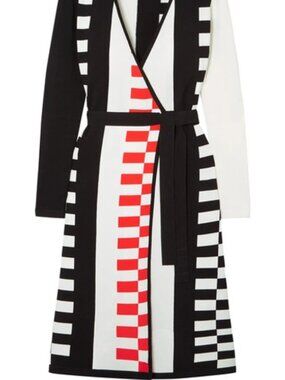 Diane Von Furstenberg Enzo Intarsia Knit Wrap Dress Black White Red Size L